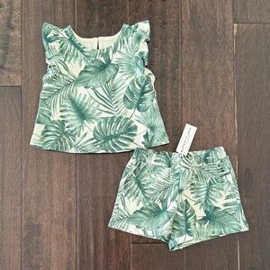 NWT Janie and Jack Girls Green Palm Leaf Print Top and  Matching short Set